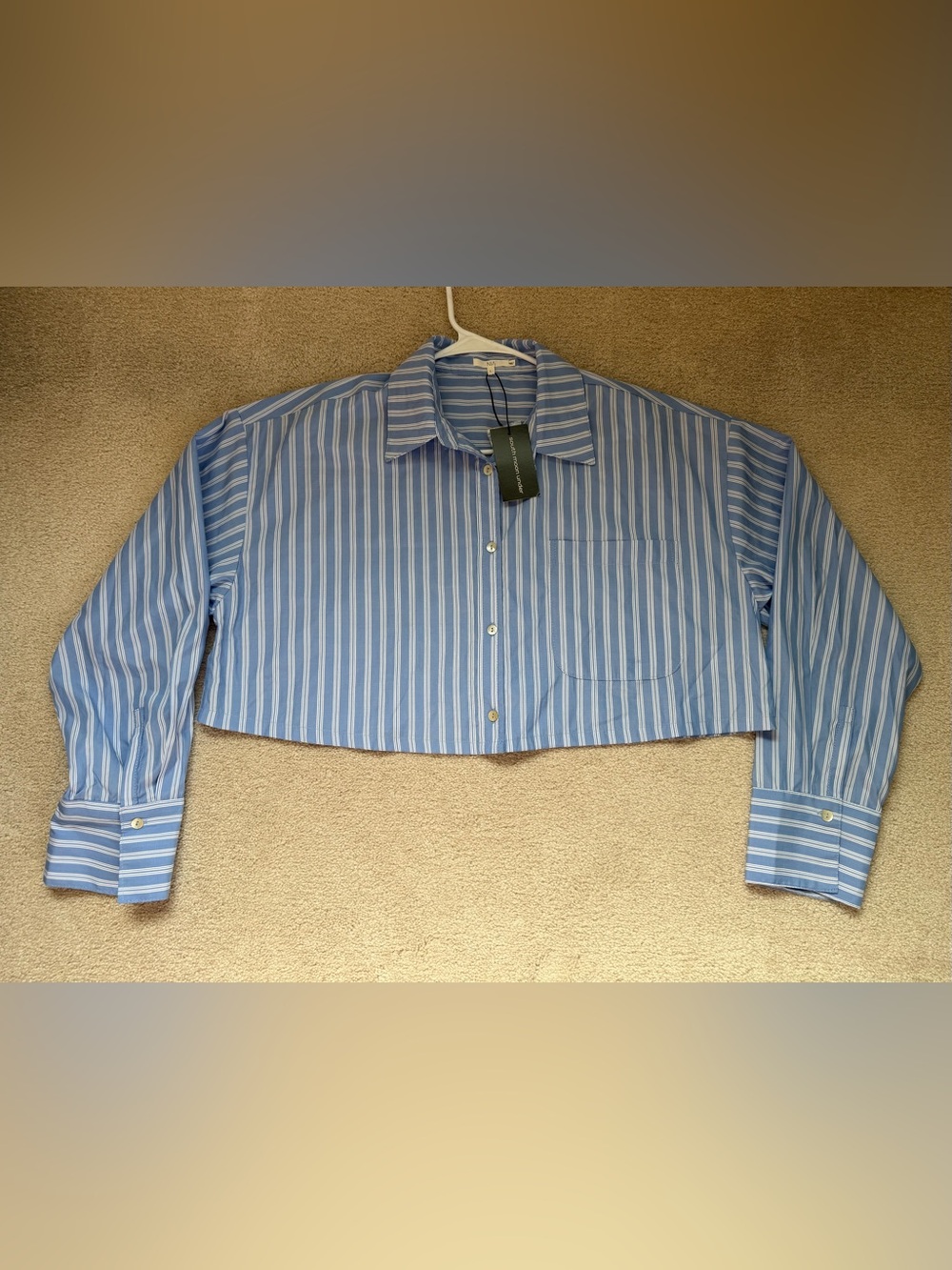 NIA South Moon Under Striped Cropped Button Down Shirt Blue White L NWT